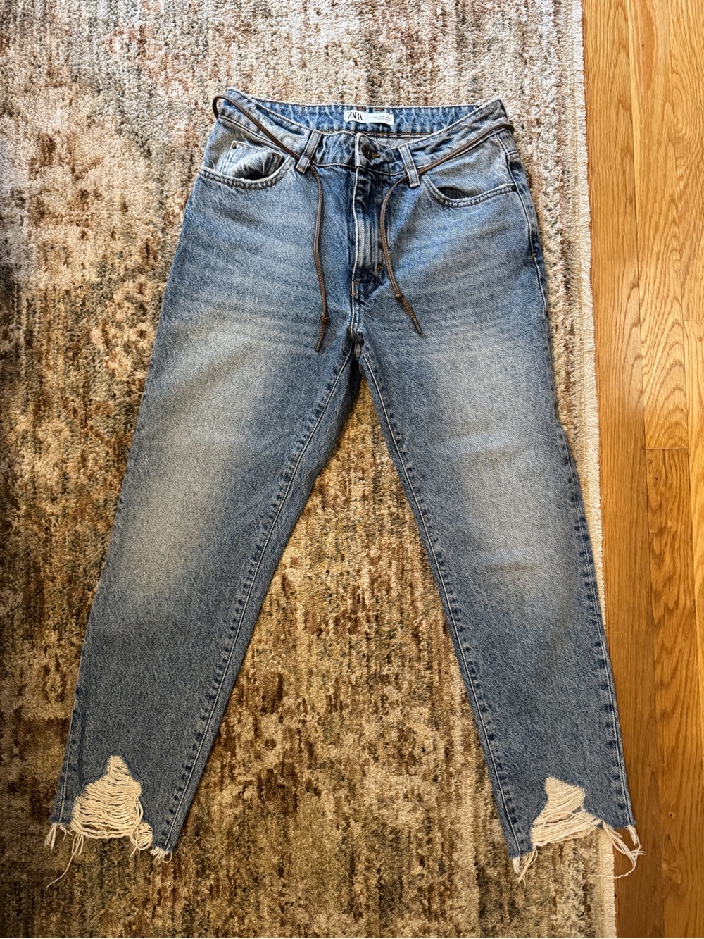 ZARA TRF Folded Waist Distressed Baggy Jeans Cord Belt Raw Hem